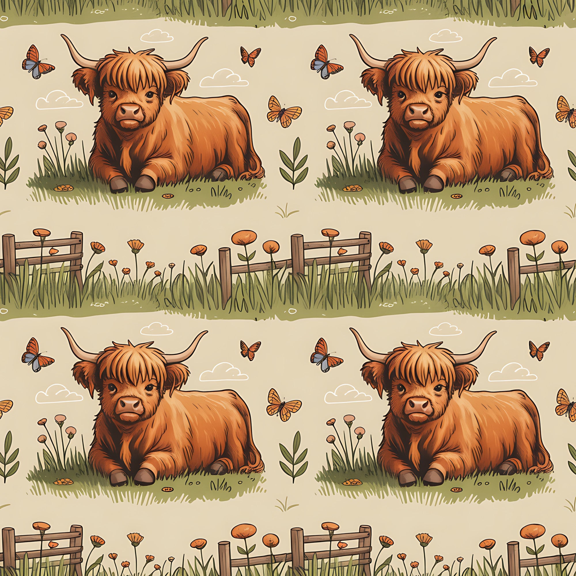highland cows, cartoon style, orange brown, russet, cream background, pastoral scene, butterflies, wooden fence, wildflowers, grass, clouds,, fabric panel, farm animals, countryside, whimsical illustration, repeating pattern, bovine, meadow scene, nature motifs