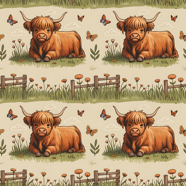 highland cows, cartoon style, orange brown, russet, cream background, pastoral scene, butterflies, wooden fence, wildflowers, grass, clouds,, fabric panel, farm animals, countryside, whimsical illustration, repeating pattern, bovine, meadow scene, nature motifs