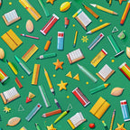 green background, school supplies, pencils, rulers, notebooks, scissors, stars, geometric shapes, leaves, scattered pattern, back to school, educational theme,, fabric panel, bright colors, yellow accents, red details, orange elements, blue items, stationery motif, academic supplies