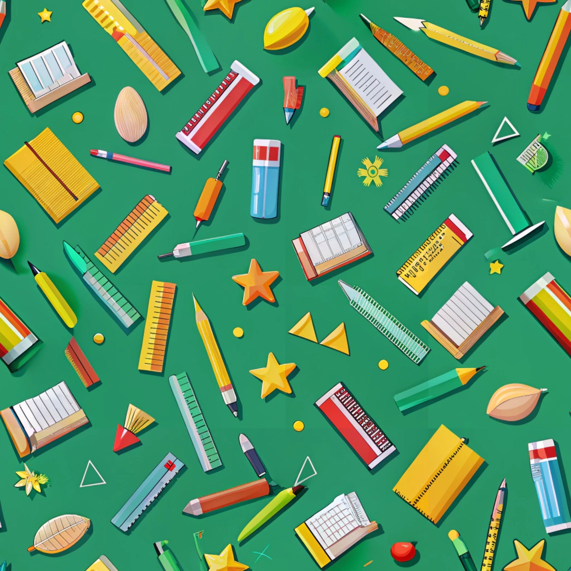 green background, school supplies, pencils, rulers, notebooks, scissors, stars, geometric shapes, leaves, scattered pattern, back to school, educational theme,, fabric panel, bright colors, yellow accents, red details, orange elements, blue items, stationery motif, academic supplies