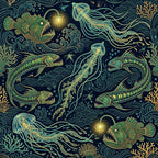 navy blue, forest green, gold, teal, deep sea, ocean, underwater, nautical, marine life, jellyfish, anglerfish, fish, bioluminescent, glowing, celestial, stars, moon, waves, coral, seaweed, intricate, ornate, detailed, whimsical, elegant, fantasy, mystical, magical, adult, sophisticated
