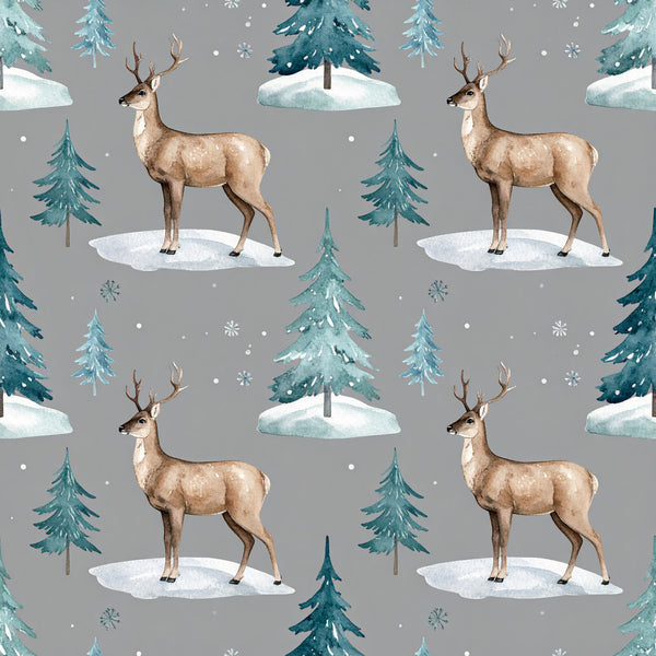 winter woodland, deer fabric, reindeer, forest green, teal, gray, beige, tan, snow, snowflakes, evergreen trees, pine trees, winter forest, snowy landscape, holiday, christmas, winter scene, nature, woodland animals, rustic, whimsical, cozy, festive, baby nursery, kids room, toddler, gender neutral, winter theme, seasonal, natural tones