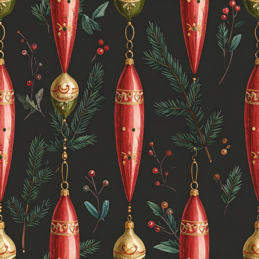 deep red, gold accents, forest green, crimson, burgundy, evergreen, festive red, metallic gold, holiday ornaments, christmas, vintage ornaments, botanical, nature, festive, elegant, traditional, teardrop ornaments, berry sprigs, pine branches, winter foliage, conifer needles, red baubles, gold filigree, seasonal, christmas decor, holiday themed, romantic, classic, sophisticated, winter botanicals