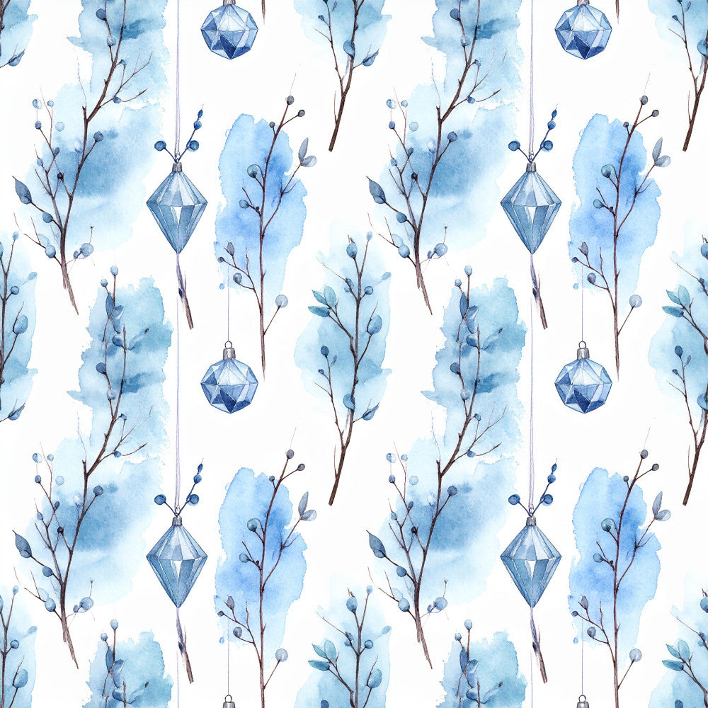 light blue, sky blue, dusty blue, navy blue, watercolor, abstract, winter, holiday, christmas, celestial, geometric ornaments, branches, berries, botanical, nature-inspired, elegant, modern, whimsical, metallic accents, faceted ornaments, delicate, frost, frozen, silver, monochromatic blue, nursery, baby room, winter wonderland, peaceful, serene