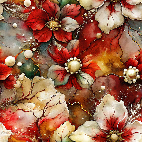 deep red, cream, gold, burgundy, burnt orange, sage green, floral, watercolor, flowers, elegant, luxury, botanical, roses, pearls, glitter, sparkle, vintage, romantic, feminine, sophisticated, nature-inspired, festive, holiday, christmas, gift, home decor, upholstery