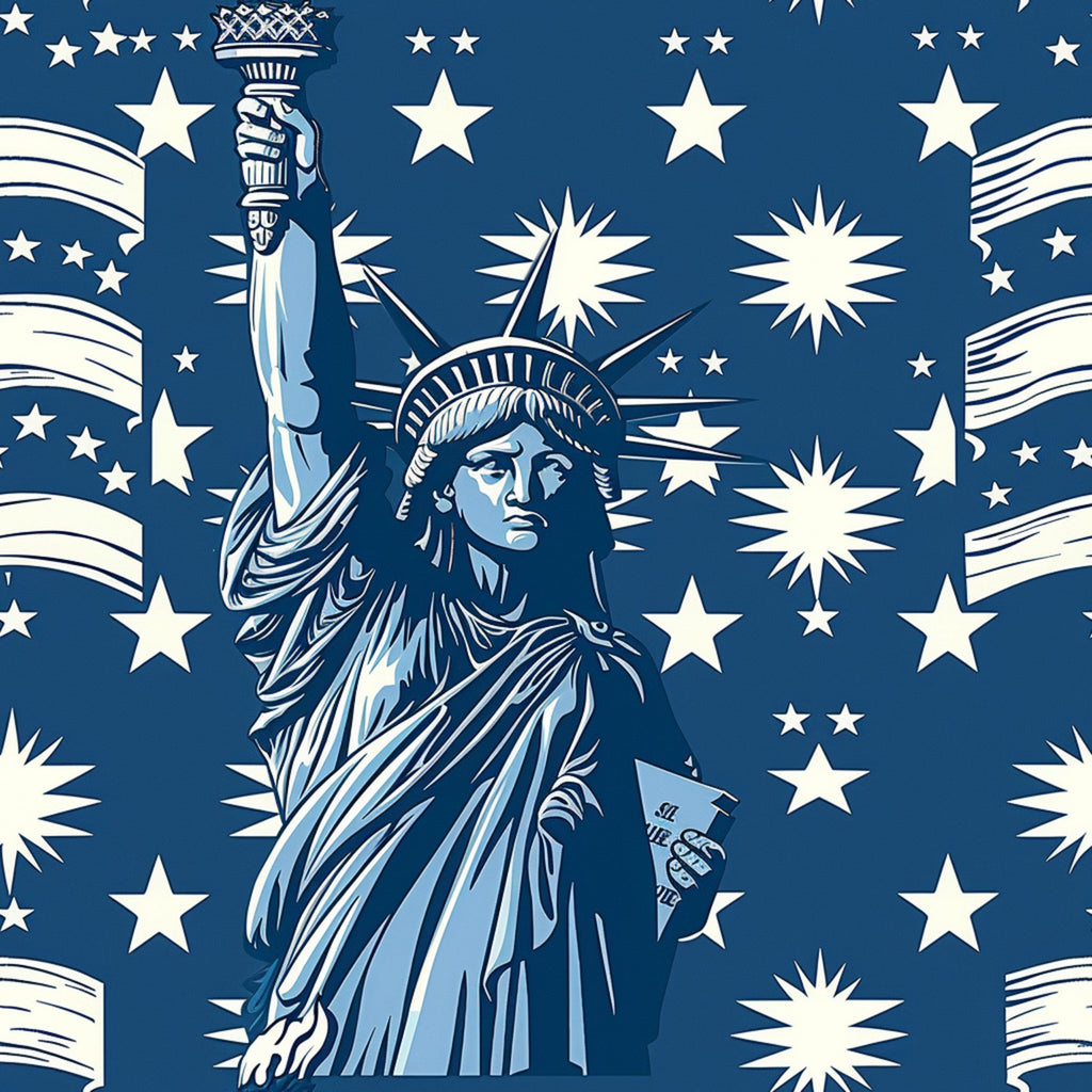 navy blue, cream white, statue of liberty, stars, starbursts, patriotic, americana, fireworks, flowing ribbons, torch, crown, draped robes,, fabric panel, independence day, fourth of july, monochromatic, vintage style, liberty theme