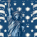 navy blue, cream white, statue of liberty, stars, starbursts, patriotic, americana, fireworks, flowing ribbons, torch, crown, draped robes,, fabric panel, independence day, fourth of july, monochromatic, vintage style, liberty theme