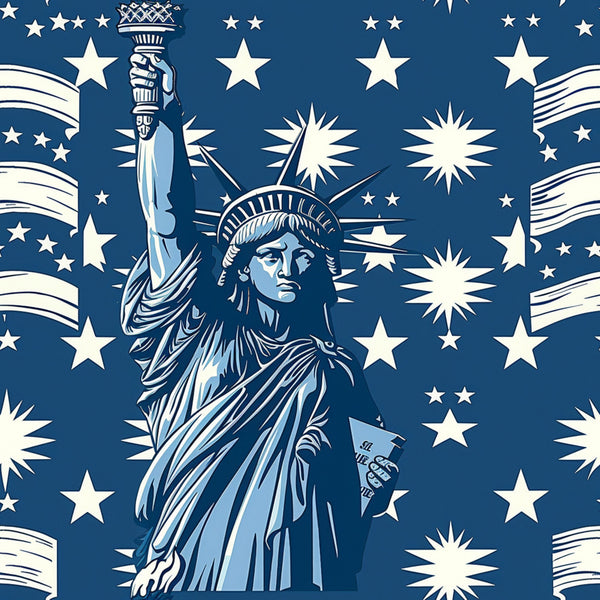 navy blue, cream white, statue of liberty, stars, starbursts, patriotic, americana, fireworks, flowing ribbons, torch, crown, draped robes,, fabric panel, independence day, fourth of july, monochromatic, vintage style, liberty theme