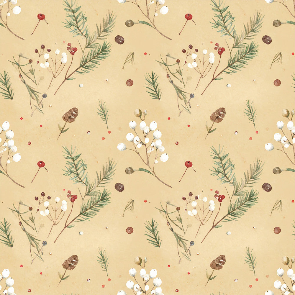cream background, beige, soft gold, dusty red, burgundy, forest green, sage green, brown, white berries, botanical, floral, nature inspired, winter berries, evergreen branches, pinecones, dried flowers, rustic, vintage, natural, woodland, holiday, christmas, winter, botanical illustration, delicate, whimsical, nursery, baby, cottage style, farmhouse
