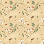 cream background, beige, soft gold, dusty red, burgundy, forest green, sage green, brown, white berries, botanical, floral, nature inspired, winter berries, evergreen branches, pinecones, dried flowers, rustic, vintage, natural, woodland, holiday, christmas, winter, botanical illustration, delicate, whimsical, nursery, baby, cottage style, farmhouse