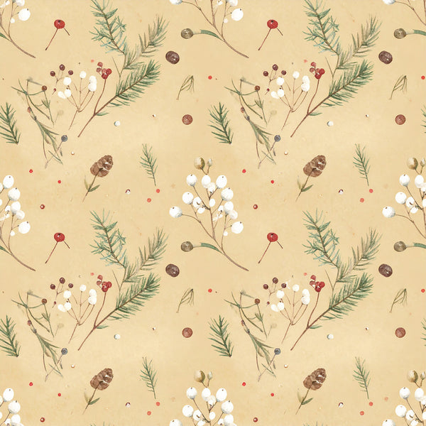cream background, beige, soft gold, dusty red, burgundy, forest green, sage green, brown, white berries, botanical, floral, nature inspired, winter berries, evergreen branches, pinecones, dried flowers, rustic, vintage, natural, woodland, holiday, christmas, winter, botanical illustration, delicate, whimsical, nursery, baby, cottage style, farmhouse