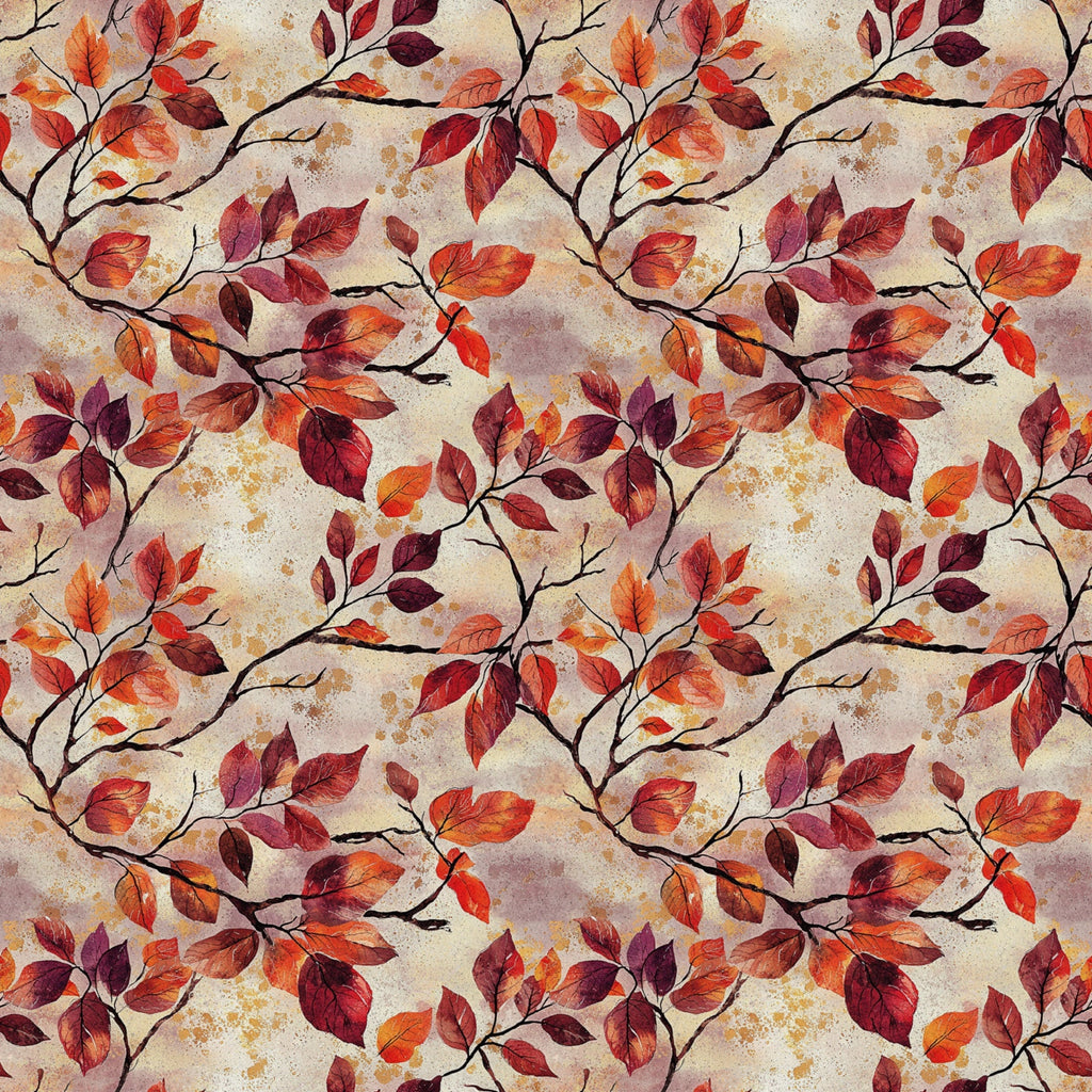 autumn leaves, fall foliage, burgundy, crimson, orange, rust, brown, beige, branching pattern, botanical design, leaf motif, seasonal fabric,, fabric panel, watercolor style, vintage texture, nature inspired, warm tones, repeating pattern, organic branches