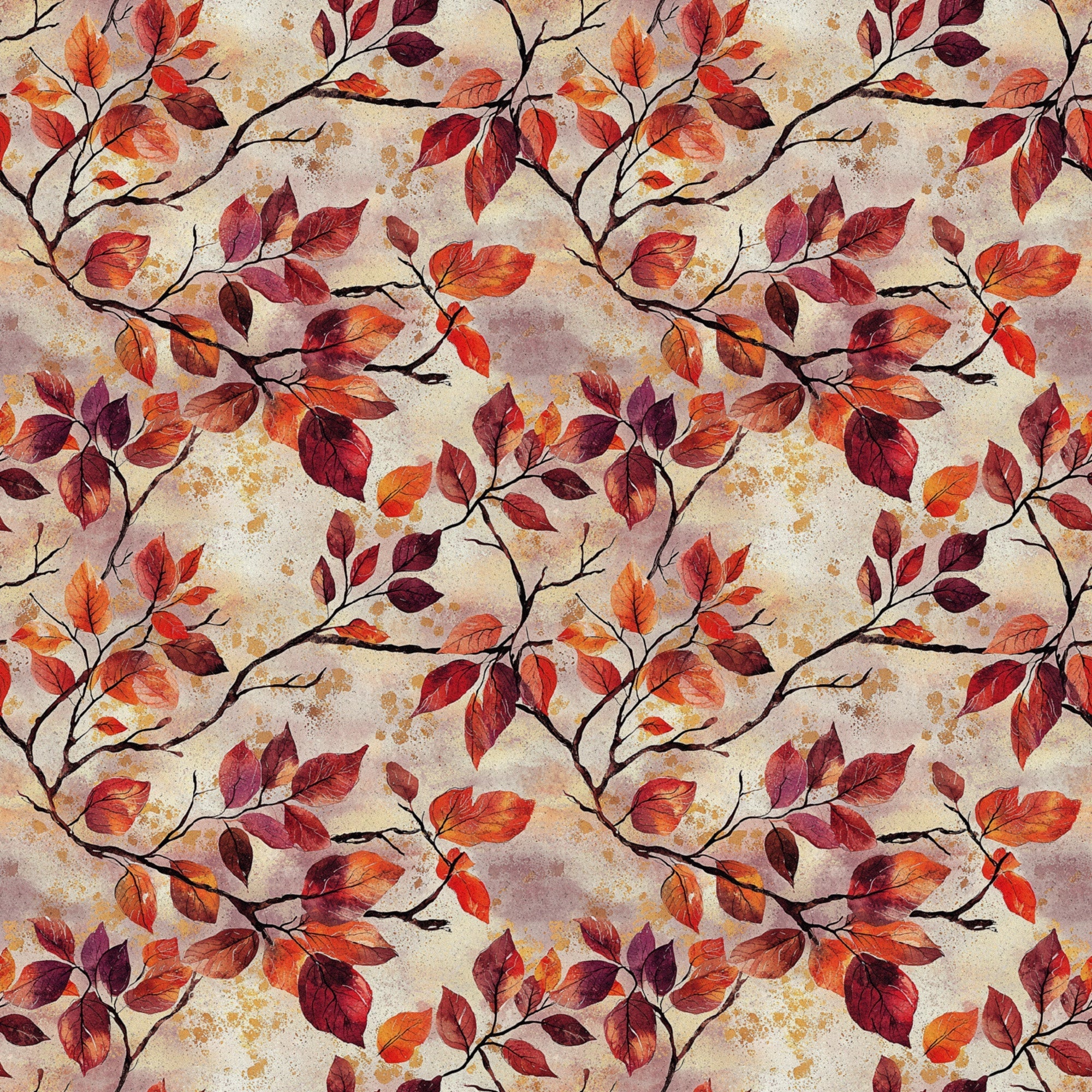 autumn leaves, fall foliage, burgundy, crimson, orange, rust, brown, beige, branching pattern, botanical design, leaf motif, seasonal fabric,, fabric panel, watercolor style, vintage texture, nature inspired, warm tones, repeating pattern, organic branches