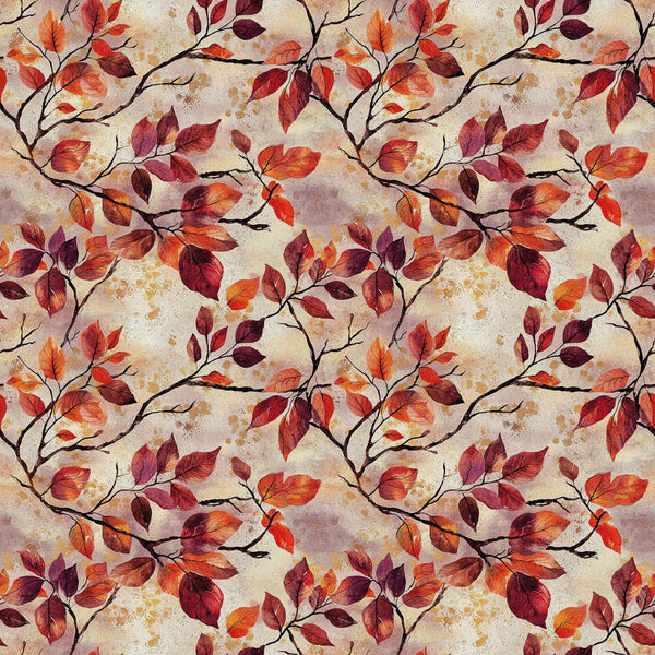 autumn leaves, fall foliage, burgundy, crimson, orange, rust, brown, beige, branching pattern, botanical design, leaf motif, seasonal fabric,, fabric panel, watercolor style, vintage texture, nature inspired, warm tones, repeating pattern, organic branches
