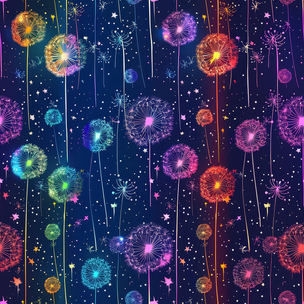 midnight blue, deep navy, bright pink, turquoise, orange, yellow, purple, dandelion seeds, whimsical flowers, botanical pattern, magical garden, fantasy florals, cotton fabric, quilting panel, starry night, floating seeds, vibrant colors, dreamy atmosphere, nature motif, seamless repeat