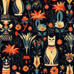 navy blue background, coral orange, cream, golden yellow, slate blue, floral, geometric, cats, egyptian, art deco, whimsical, vintage, bohemian, elegant, modern, flowers, potted plants, decorative urns, felines, ornamental, stylized blooms, nature, botanical, playroom, kids room, nursery, eclectic, illustrative, bold colors, statement pattern