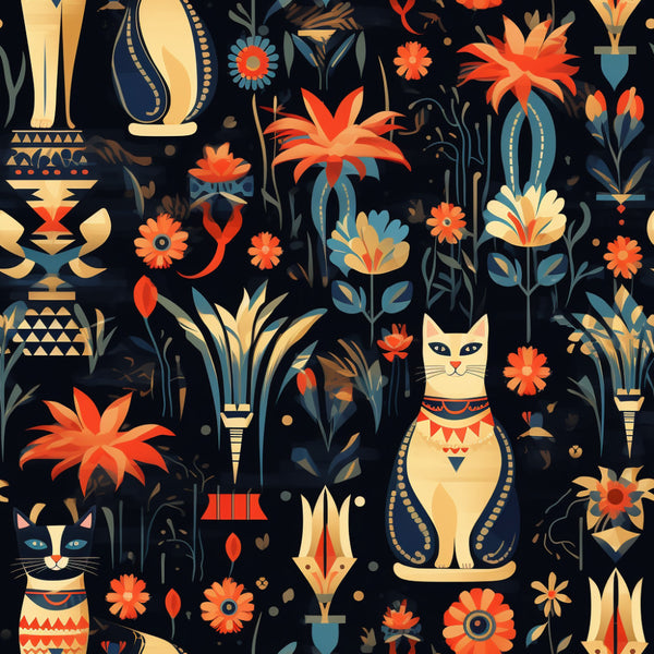 navy blue background, coral orange, cream, golden yellow, slate blue, floral, geometric, cats, egyptian, art deco, whimsical, vintage, bohemian, elegant, modern, flowers, potted plants, decorative urns, felines, ornamental, stylized blooms, nature, botanical, playroom, kids room, nursery, eclectic, illustrative, bold colors, statement pattern