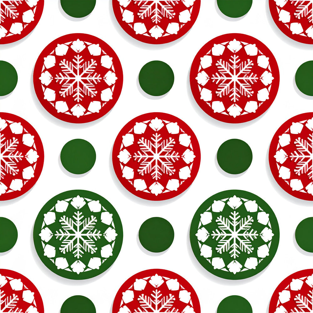 christmas, holiday, festive, red, forest green, dark green, white, snowflakes, geometric, circular, medallion, traditional, winter, seasonal, snow, decorative, elegant, classic, intricate patterns, ornamental, children, kids, nursery, playroom, festive decor, red and green, holiday themed, winter wonderland, christmas themed