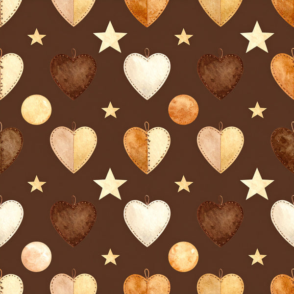 chocolate brown, cream, tan, burnt orange, pale pink, stars, hearts, stitched hearts, rustic, vintage, farmhouse, whimsical, country, folk art, primitive, celestial, hand-stitched, two-tone hearts, earth tones, warm colors, cottage core, americana, nostalgic, cozy, traditional, nursery, kids room, baby shower, playroom, gender neutral