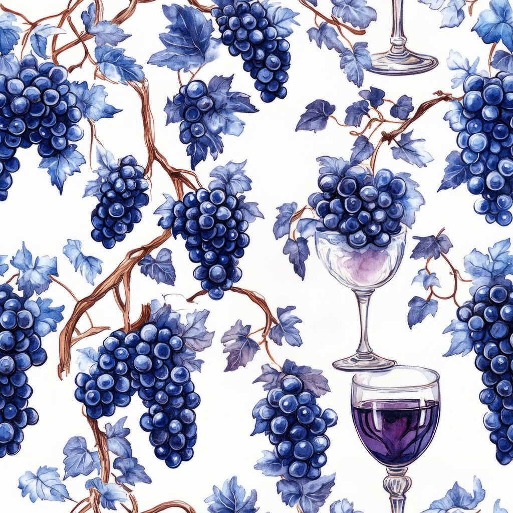 deep blue, purple, navy blue, wine glasses, grape clusters, grape vines, vineyard theme, botanical pattern, watercolor style, wine theme, grapevines, fruit motif,, fabric panel, white background, brown vines, leaf patterns, wine imagery, repeating pattern, artistic illustration
