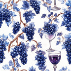 deep blue, purple, navy blue, wine glasses, grape clusters, grape vines, vineyard theme, botanical pattern, watercolor style, wine theme, grapevines, fruit motif,, fabric panel, white background, brown vines, leaf patterns, wine imagery, repeating pattern, artistic illustration