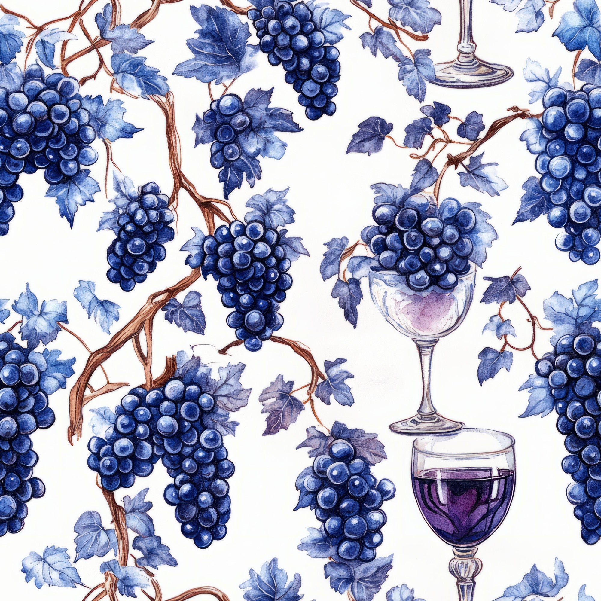 deep blue, purple, navy blue, wine glasses, grape clusters, grape vines, vineyard theme, botanical pattern, watercolor style, wine theme, grapevines, fruit motif,, fabric panel, white background, brown vines, leaf patterns, wine imagery, repeating pattern, artistic illustration