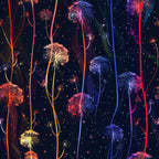 midnight navy, deep blue, orange, pink, purple, yellow, dandelion seeds, floating seeds, whimsical florals, botanical pattern, night sky, starry background, dreamy design, nature motif,, fabric panel, enchanted garden, magical atmosphere, flowing stems, delicate seedheads