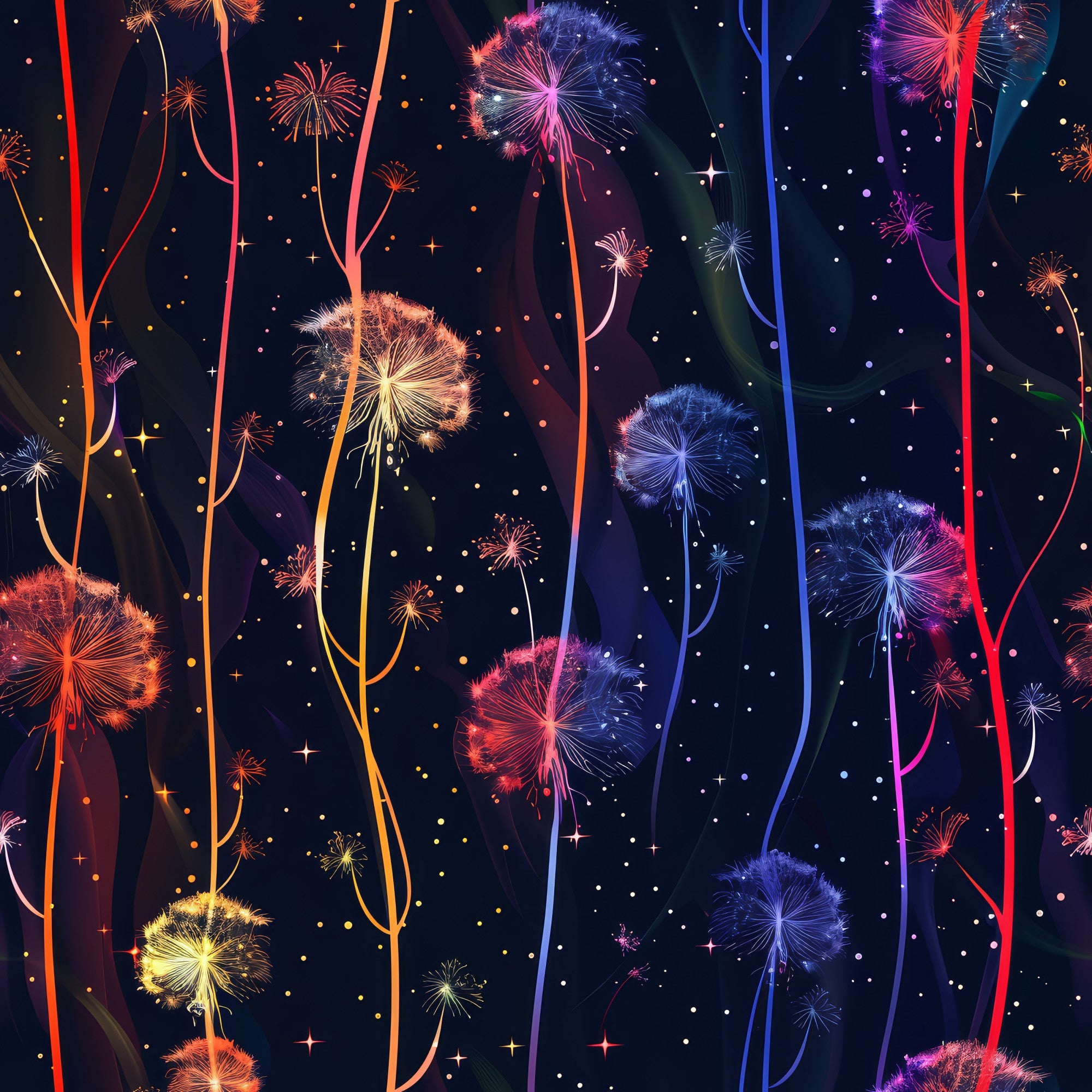 midnight navy, deep blue, orange, pink, purple, yellow, dandelion seeds, floating seeds, whimsical florals, botanical pattern, night sky, starry background, dreamy design, nature motif,, fabric panel, enchanted garden, magical atmosphere, flowing stems, delicate seedheads
