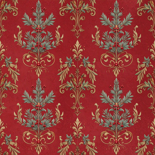 crimson red, gold, cream, sage green, damask, floral, ornamental, baroque, victorian, elegant, traditional, classic, luxury, formal, decorative, botanical, leaves, scrolls, flourishes, vintage, timeless, royal, sophisticated, antique, ornate, renaissance, heritage, upscale, tapestry