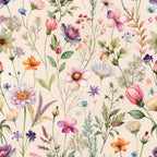 wildflowers, botanical pattern, watercolor style, delicate florals, cream background, purple flowers, pink blooms, orange blossoms, blue petals, green leaves, meadow flowers, nature motif, whimsical design,, fabric panel, soft pastels, scattered florals, garden theme, artistic illustration, feminine colors