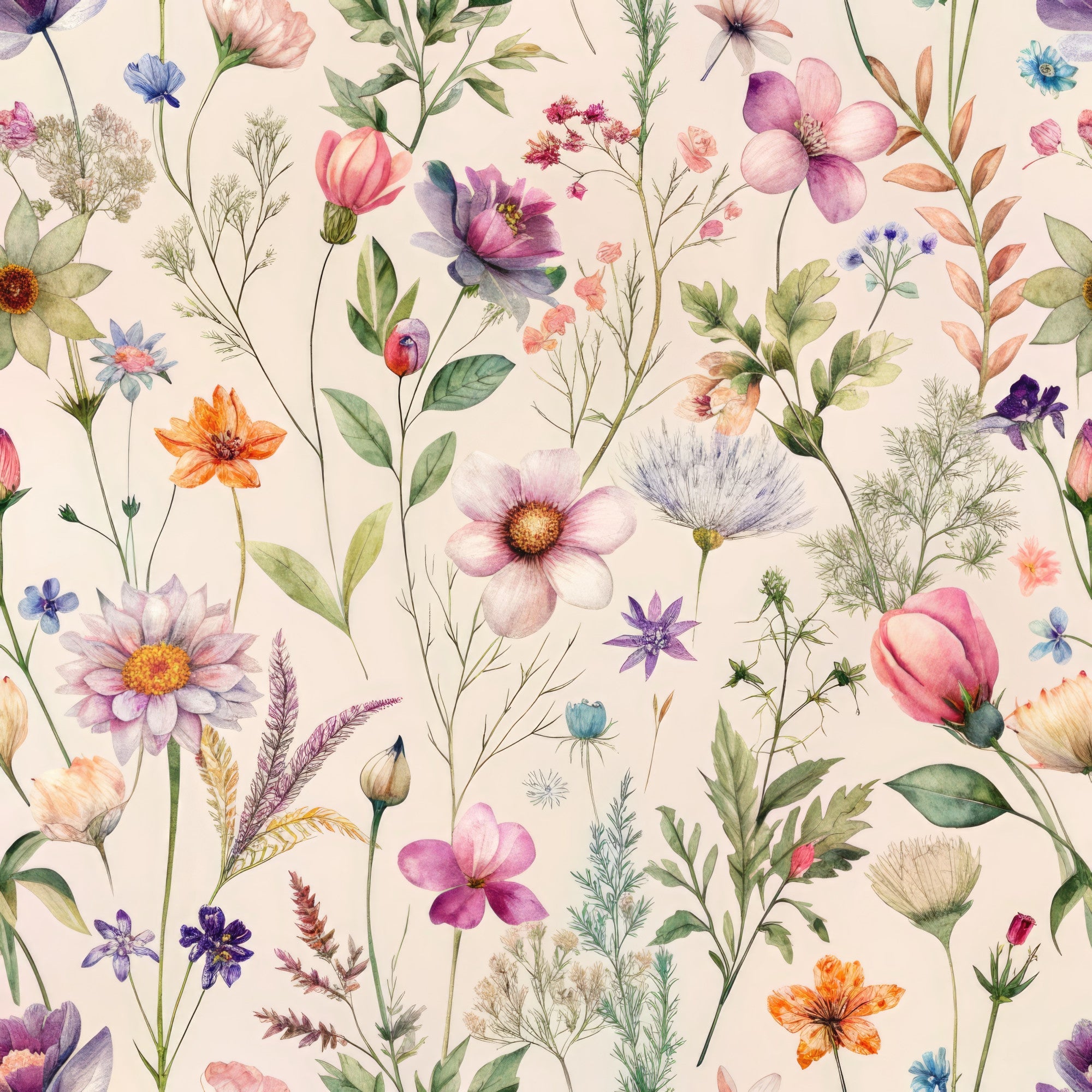 wildflowers, botanical pattern, watercolor style, delicate florals, cream background, purple flowers, pink blooms, orange blossoms, blue petals, green leaves, meadow flowers, nature motif, whimsical design,, fabric panel, soft pastels, scattered florals, garden theme, artistic illustration, feminine colors