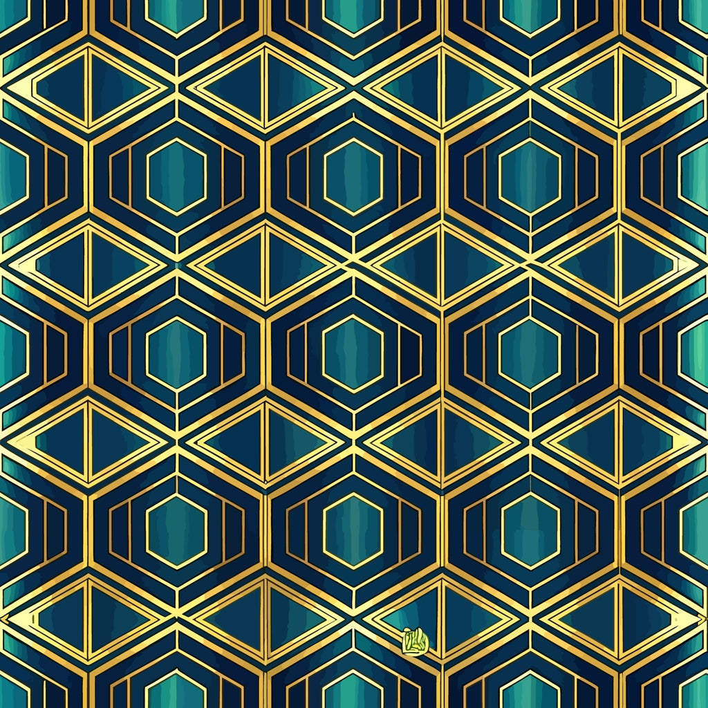 navy blue, teal, emerald green, gold accents, geometric pattern, hexagonal shapes, diamond motifs, art deco style, repeating design, luxurious, elegant, symmetrical,, fabric panel, sophisticated, vintage inspired, angular lines, metallic highlights, jewel tones