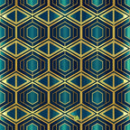 navy blue, teal, emerald green, gold accents, geometric pattern, hexagonal shapes, diamond motifs, art deco style, repeating design, luxurious, elegant, symmetrical,, fabric panel, sophisticated, vintage inspired, angular lines, metallic highlights, jewel tones