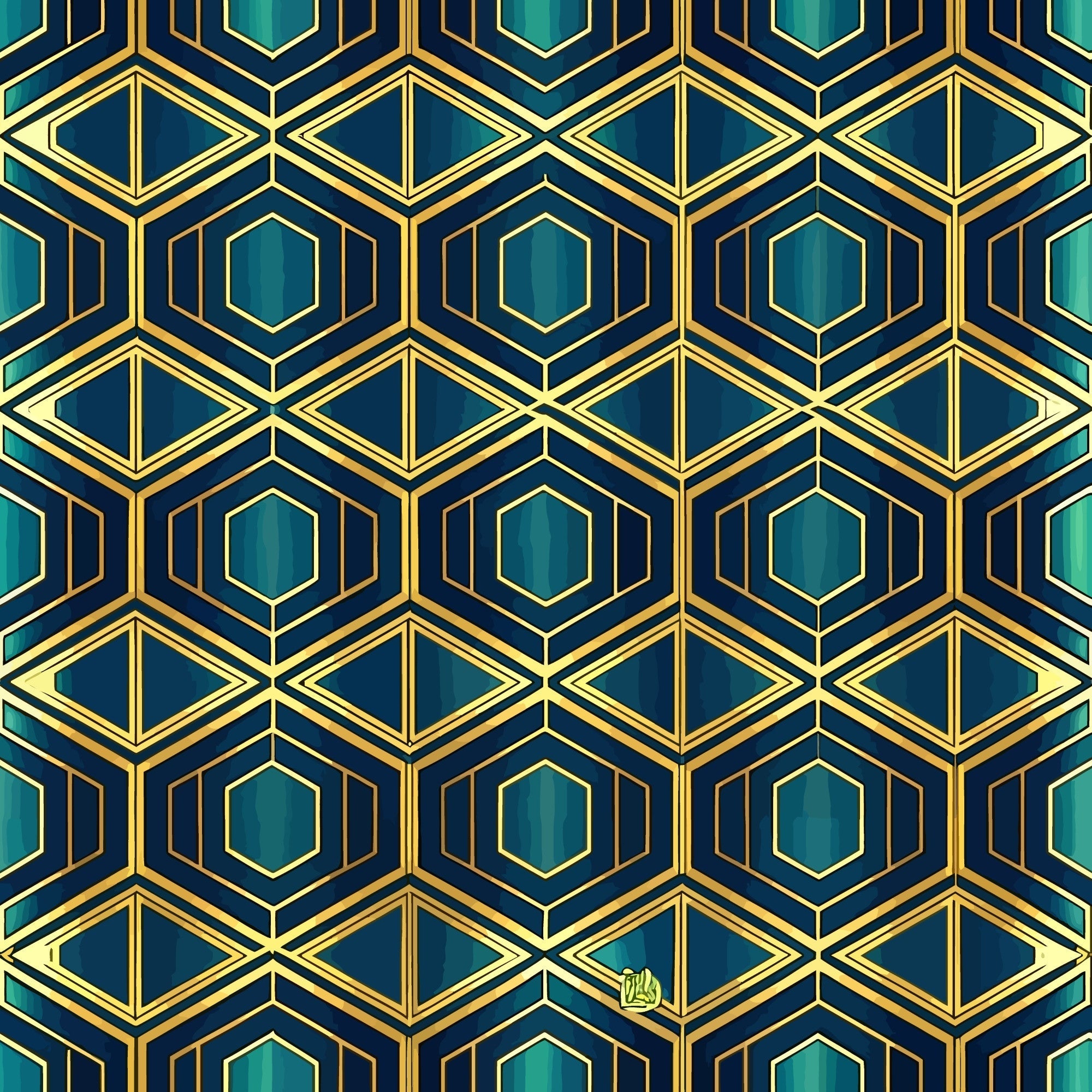 navy blue, teal, emerald green, gold accents, geometric pattern, hexagonal shapes, diamond motifs, art deco style, repeating design, luxurious, elegant, symmetrical,, fabric panel, sophisticated, vintage inspired, angular lines, metallic highlights, jewel tones