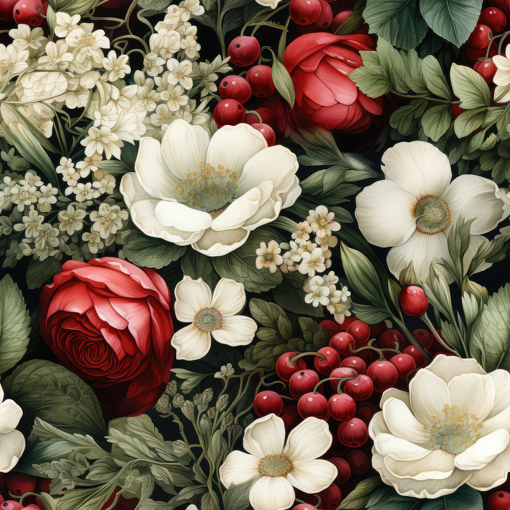 christmas florals, deep red roses, cream white flowers, burgundy berries, forest green leaves, botanical pattern, holiday floral,, fabric panel, vintage style, elegant blooms, festive colors, winter florals, red cranberries, ivory petals, moody background, layered florals, seasonal botanicals, rich textures, holiday quilting