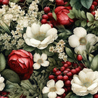 christmas florals, deep red roses, cream white flowers, burgundy berries, forest green leaves, botanical pattern, holiday floral,, fabric panel, vintage style, elegant blooms, festive colors, winter florals, red cranberries, ivory petals, moody background, layered florals, seasonal botanicals, rich textures, holiday quilting