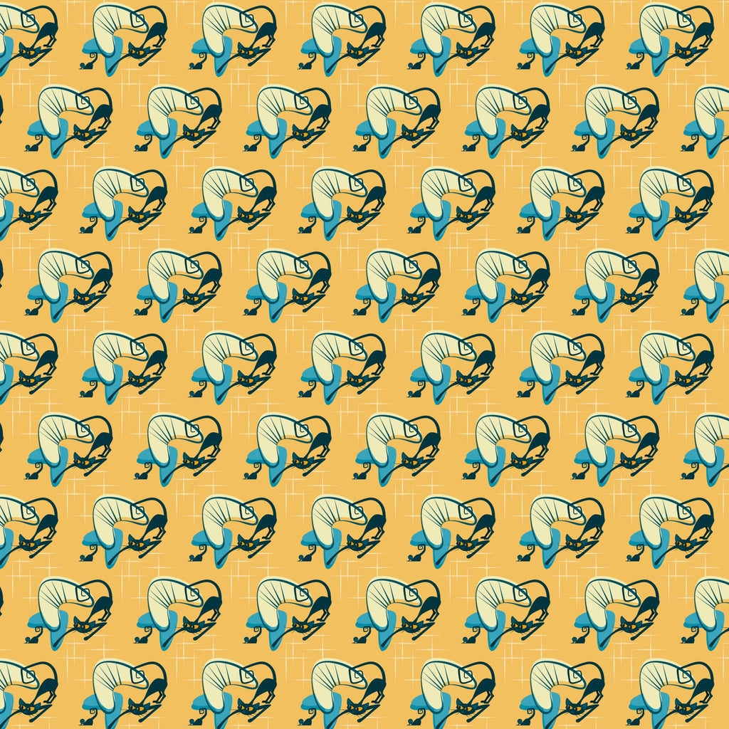 orange background, teal blue, cream white, black outlines, cats, kitty pattern, sleeping cats, curled up cats, atomic style, mid-century modern, retro design, geometric grid, repetitive pattern,, fabric panel, vintage aesthetic, stylized animals, decorative motifs, craft fabric, sewing material