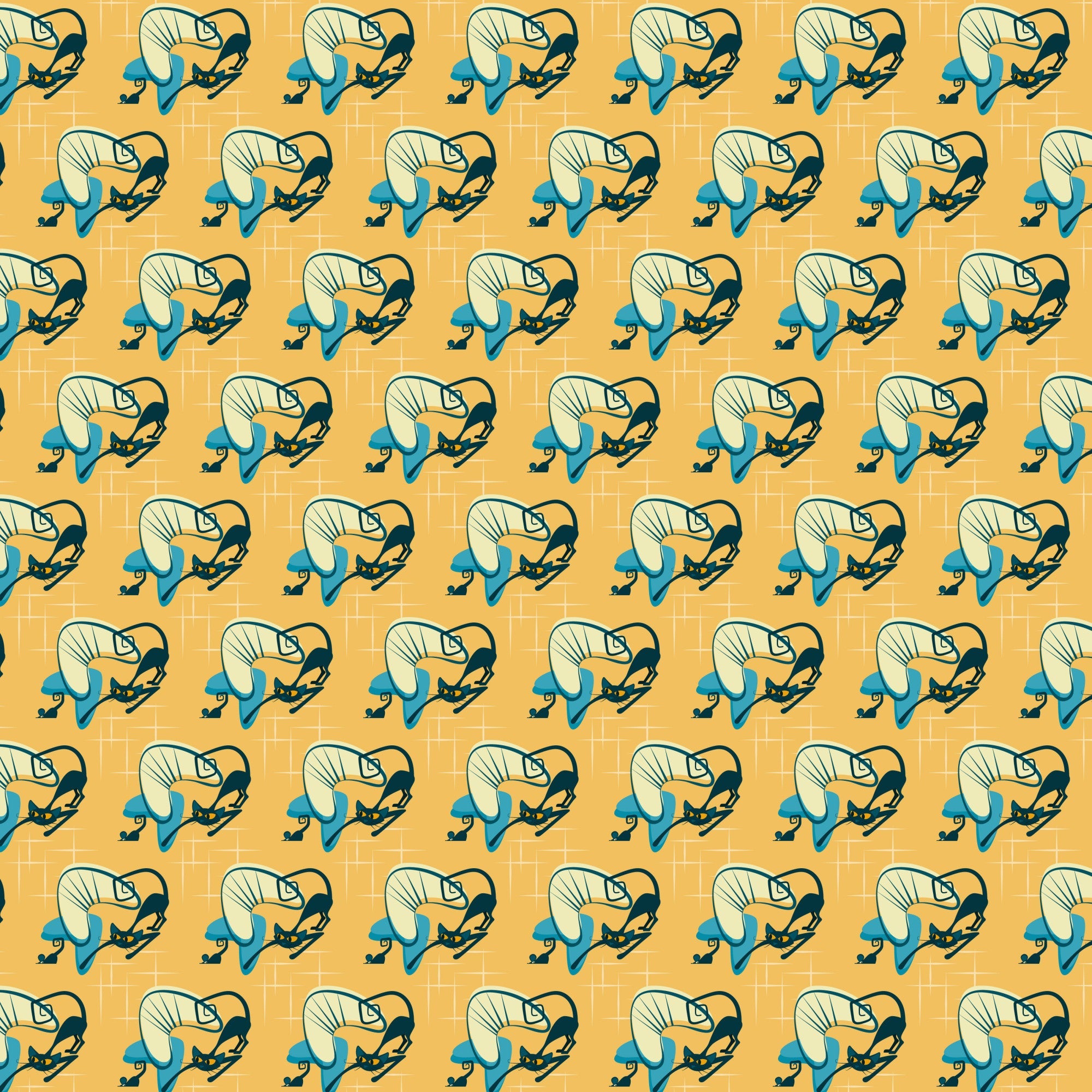 orange background, teal blue, cream white, black outlines, cats, kitty pattern, sleeping cats, curled up cats, atomic style, mid-century modern, retro design, geometric grid, repetitive pattern,, fabric panel, vintage aesthetic, stylized animals, decorative motifs, craft fabric, sewing material