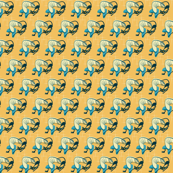 orange background, teal blue, cream white, black outlines, cats, kitty pattern, sleeping cats, curled up cats, atomic style, mid-century modern, retro design, geometric grid, repetitive pattern,, fabric panel, vintage aesthetic, stylized animals, decorative motifs, craft fabric, sewing material