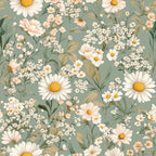 sage green, cream white, golden yellow, pale pink, soft peach, daisy floral, chamomile, wildflower, botanical, nature, vintage floral, cottage core, spring, summer, garden, meadow, elegant, romantic, whimsical, traditional, feminine, daisies, baby's breath, delicate flowers, small florals, large florals, nursery, baby shower, calming, pastoral