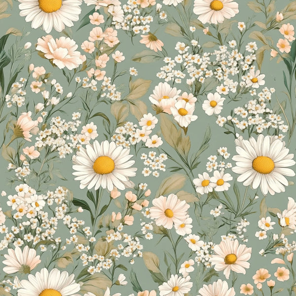 sage green, cream white, golden yellow, pale pink, soft peach, daisy floral, chamomile, wildflower, botanical, nature, vintage floral, cottage core, spring, summer, garden, meadow, elegant, romantic, whimsical, traditional, feminine, daisies, baby's breath, delicate flowers, small florals, large florals, nursery, baby shower, calming, pastoral