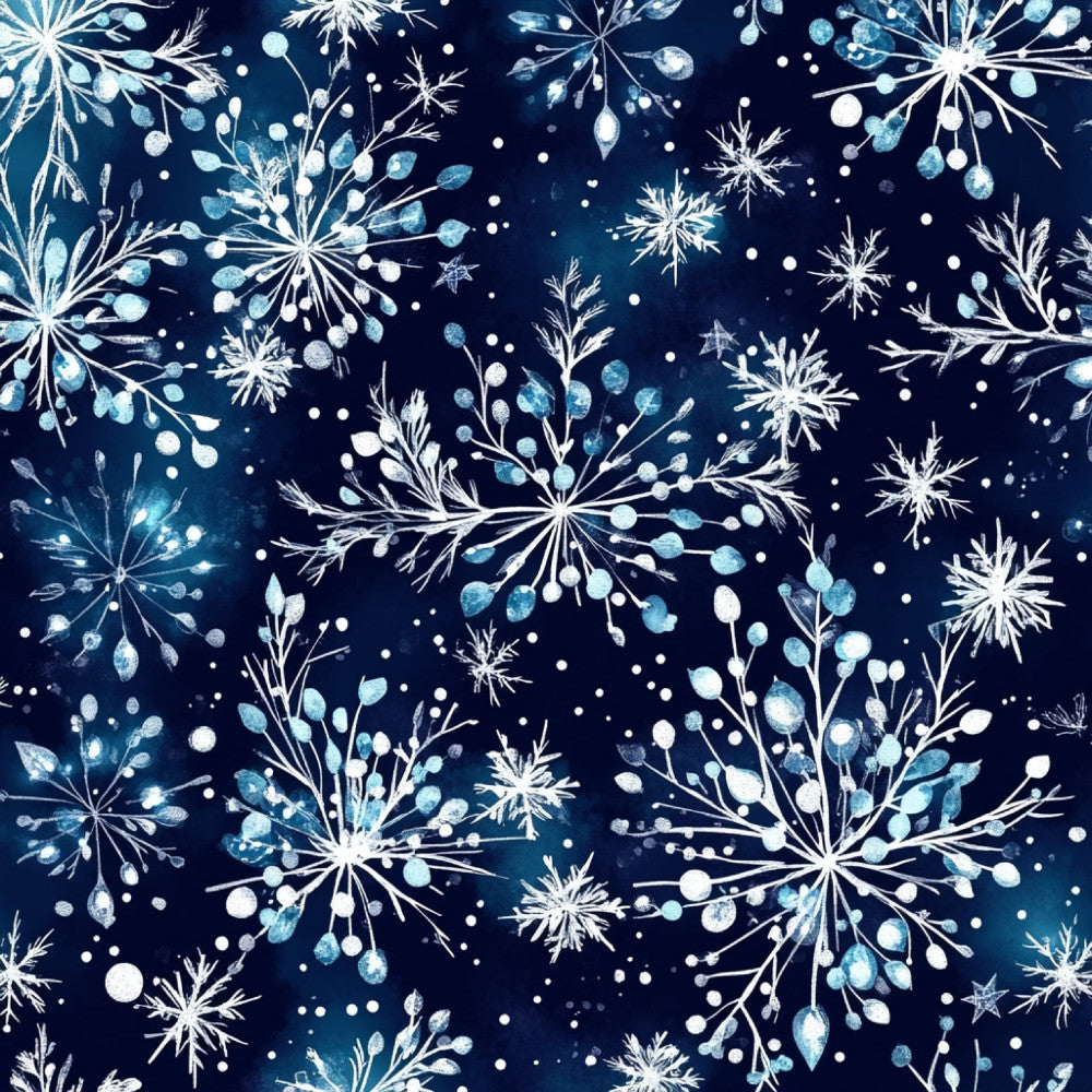 navy blue, dark blue, white, icy blue, light blue, snowflake, winter, celestial, frost, ice crystal, botanical, floral, delicate, elegant, modern, whimsical, nature, holiday, christmas, frozen, sparkle, star, feathery, ethereal, december, cold weather, nursery, baby, kids room, winter wonderland