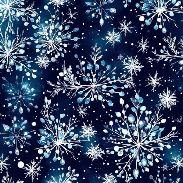 navy blue, dark blue, white, icy blue, light blue, snowflake, winter, celestial, frost, ice crystal, botanical, floral, delicate, elegant, modern, whimsical, nature, holiday, christmas, frozen, sparkle, star, feathery, ethereal, december, cold weather, nursery, baby, kids room, winter wonderland