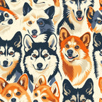 dog faces, canine portraits, orange, cream, black, navy blue, animal pattern, pet illustration,, fabric panel, playful mood, cute dogs, mixed breeds, realistic style, friendly expressions, warm colors, craft fabric, sewing material, repeating pattern, dog lover