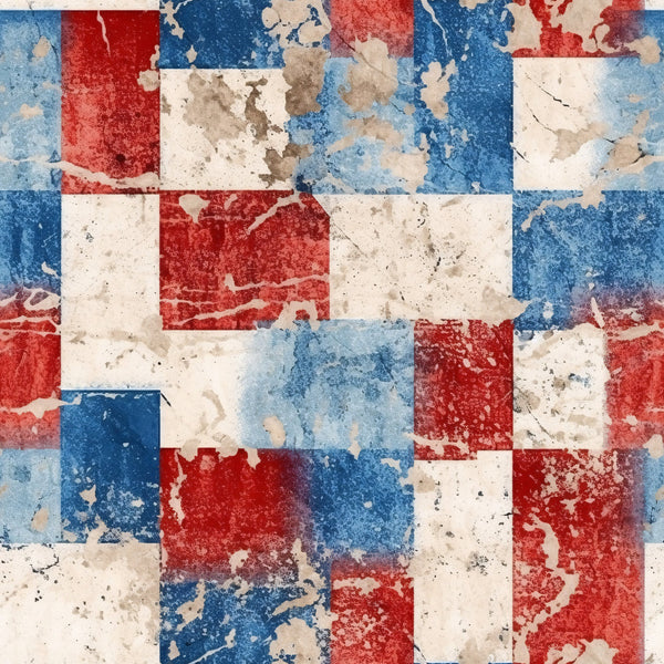 distressed, patriotic, red, blue, white, cream, weathered, vintage, worn, textured, rectangular blocks, patchwork, geometric, aged, faded, rustic,, fabric panel, americana, grunge effect