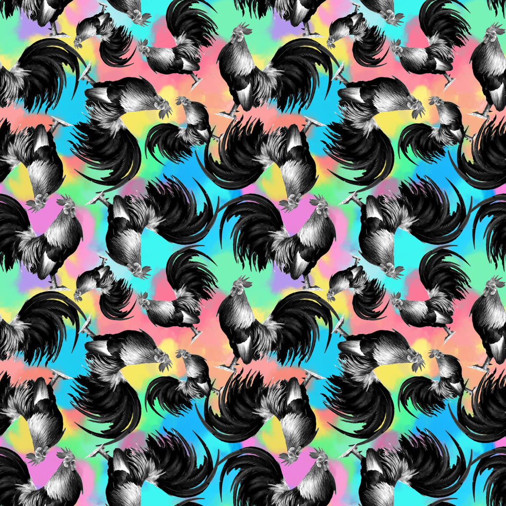 roosters, chickens, rainbow background, tie-dye colors, pink, blue, yellow, green, purple, black and white birds, repeating pattern, farm animals, whimsical design, colorful fabric,, fabric panel, psychedelic colors, barnyard theme, poultry motif, vibrant pattern