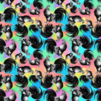 roosters, chickens, rainbow background, tie-dye colors, pink, blue, yellow, green, purple, black and white birds, repeating pattern, farm animals, whimsical design, colorful fabric,, fabric panel, psychedelic colors, barnyard theme, poultry motif, vibrant pattern