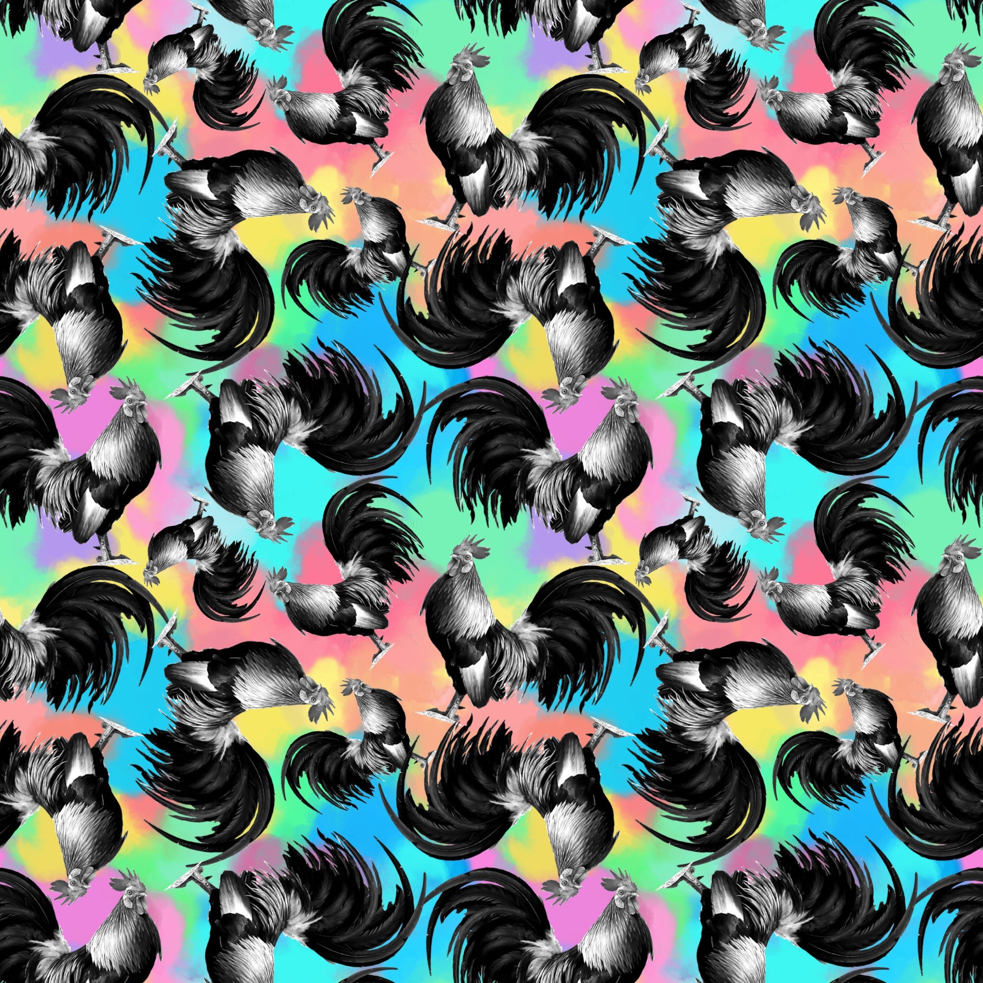 roosters, chickens, rainbow background, tie-dye colors, pink, blue, yellow, green, purple, black and white birds, repeating pattern, farm animals, whimsical design, colorful fabric,, fabric panel, psychedelic colors, barnyard theme, poultry motif, vibrant pattern