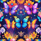butterflies, purple background, blue wings, orange flowers, yellow blooms, pink petals, gradient wings, fantasy pattern,, fabric panel, tropical colors, floral motif, vibrant hues, kaleidoscope design, nature theme, spring elements, colorful insects, artistic butterflies, decorative flowers, bright palette