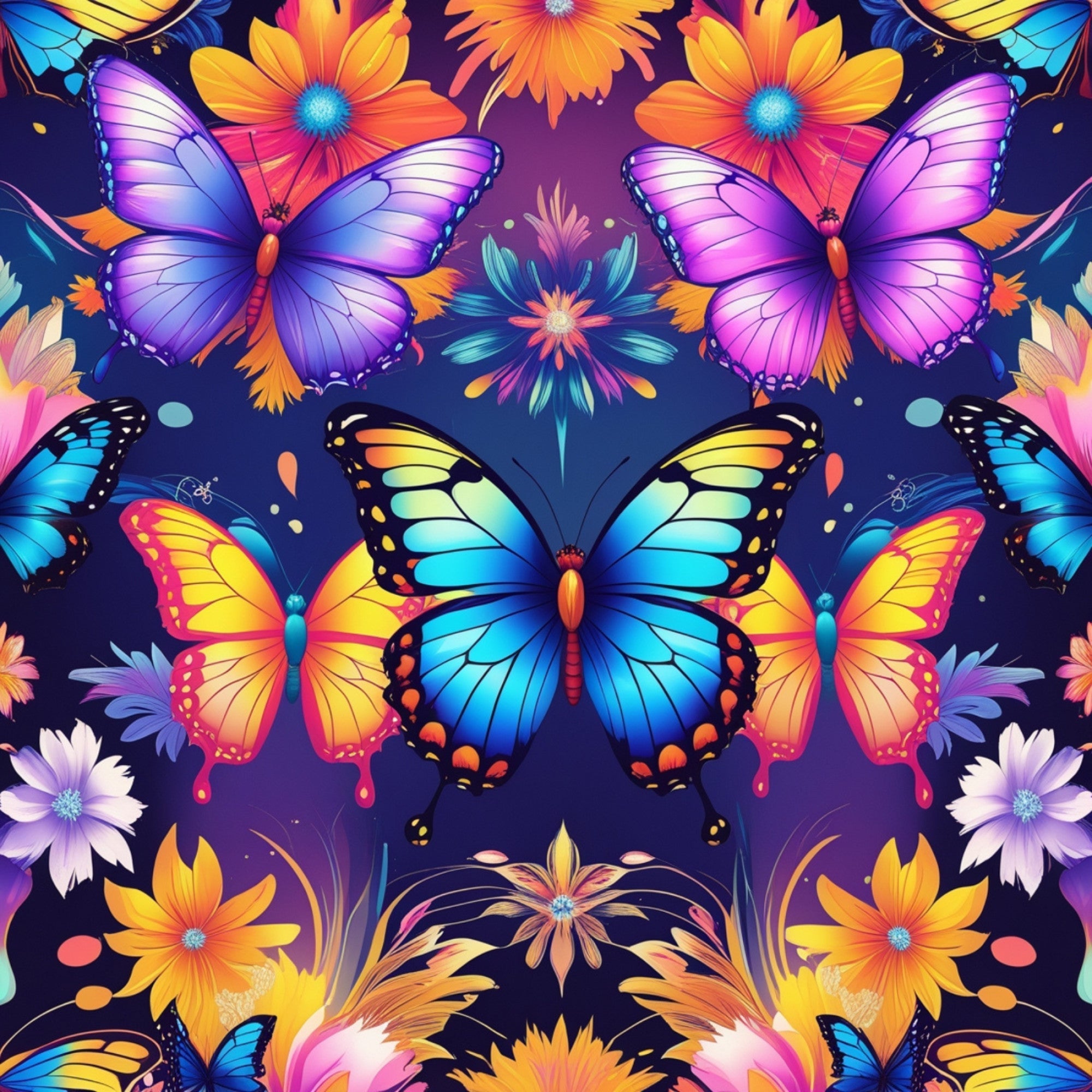 butterflies, purple background, blue wings, orange flowers, yellow blooms, pink petals, gradient wings, fantasy pattern,, fabric panel, tropical colors, floral motif, vibrant hues, kaleidoscope design, nature theme, spring elements, colorful insects, artistic butterflies, decorative flowers, bright palette